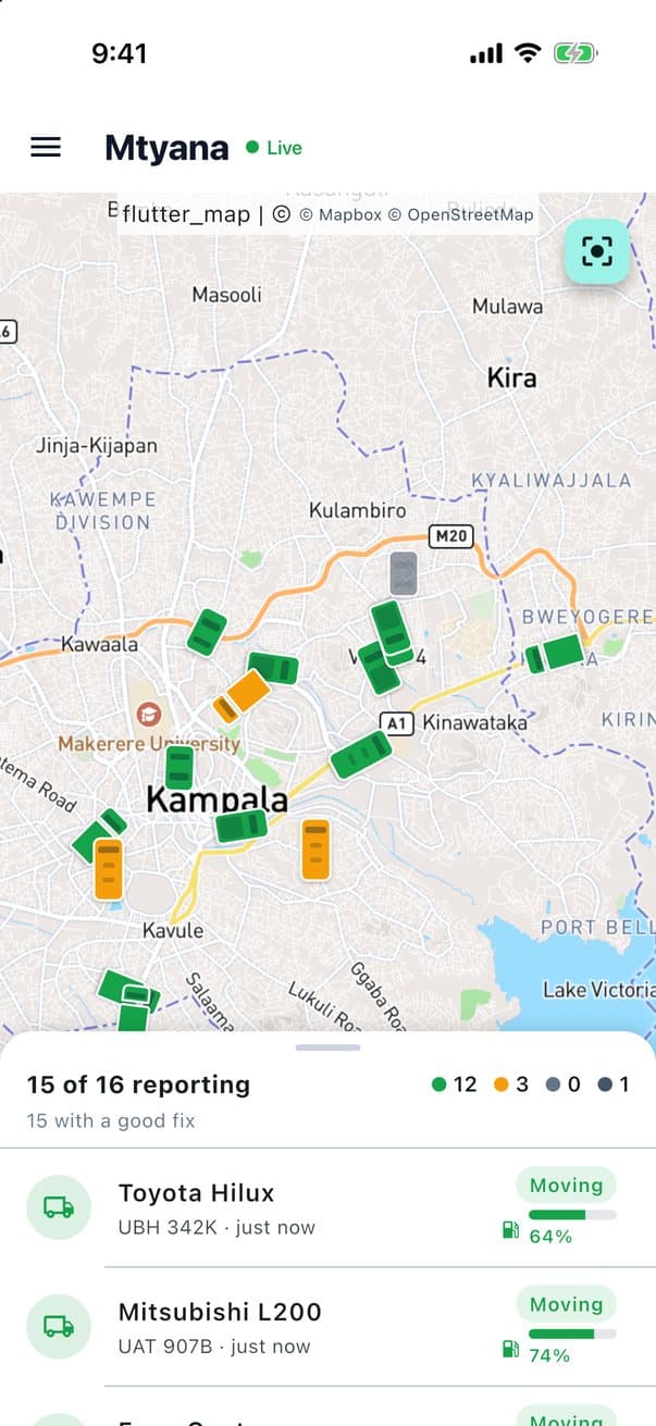 Mtyana app live map of a demo fleet in Kampala