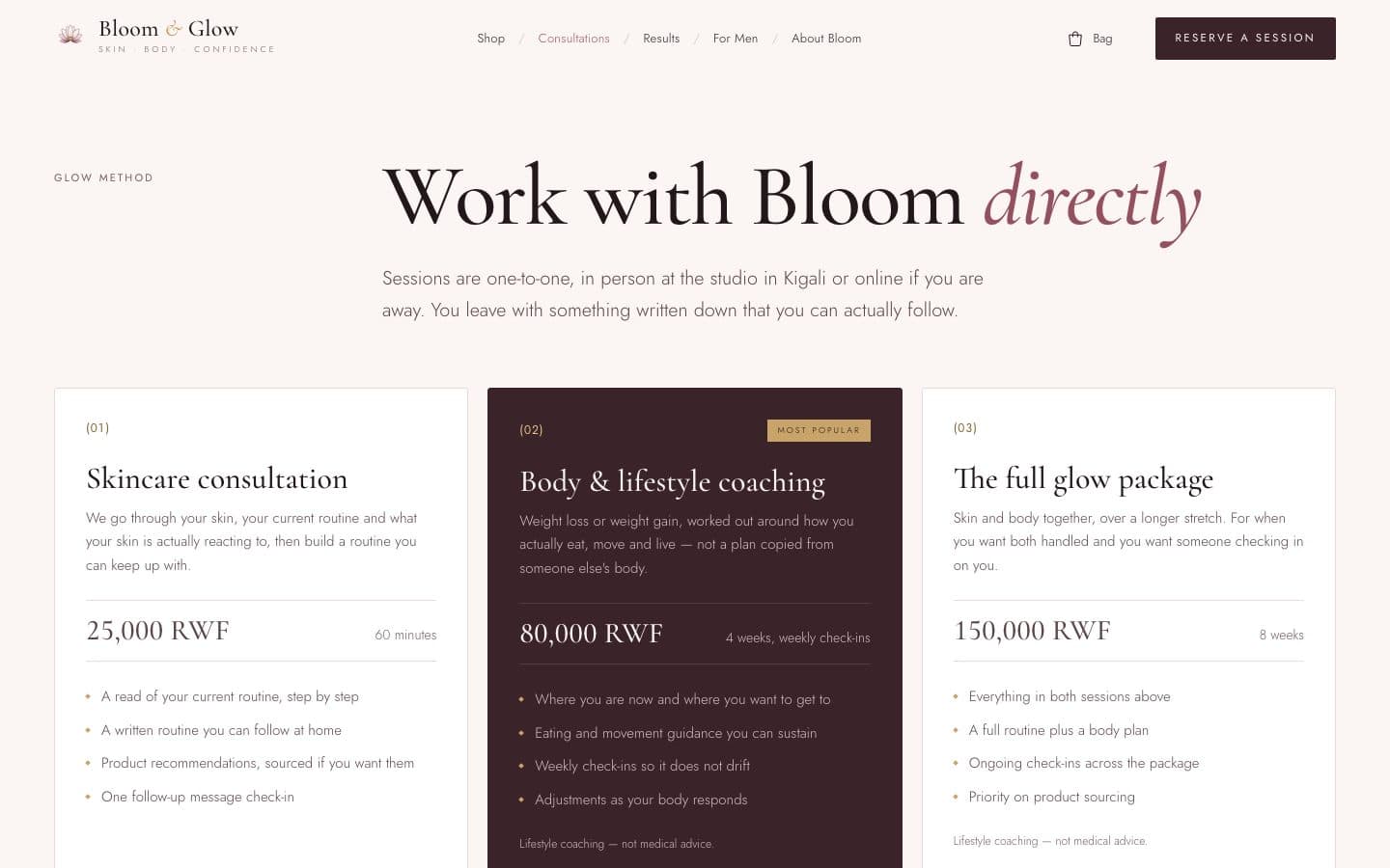 Bloom & Glow session packages, each reserved online and confirmed by Bloom