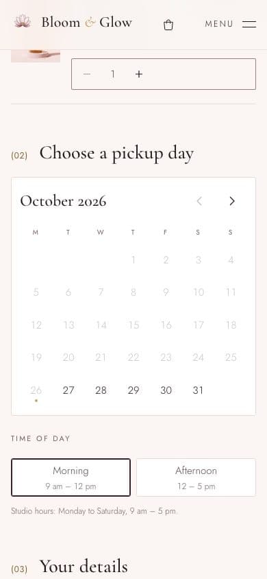 Bloom & Glow pickup-day calendar with morning and afternoon windows on a phone