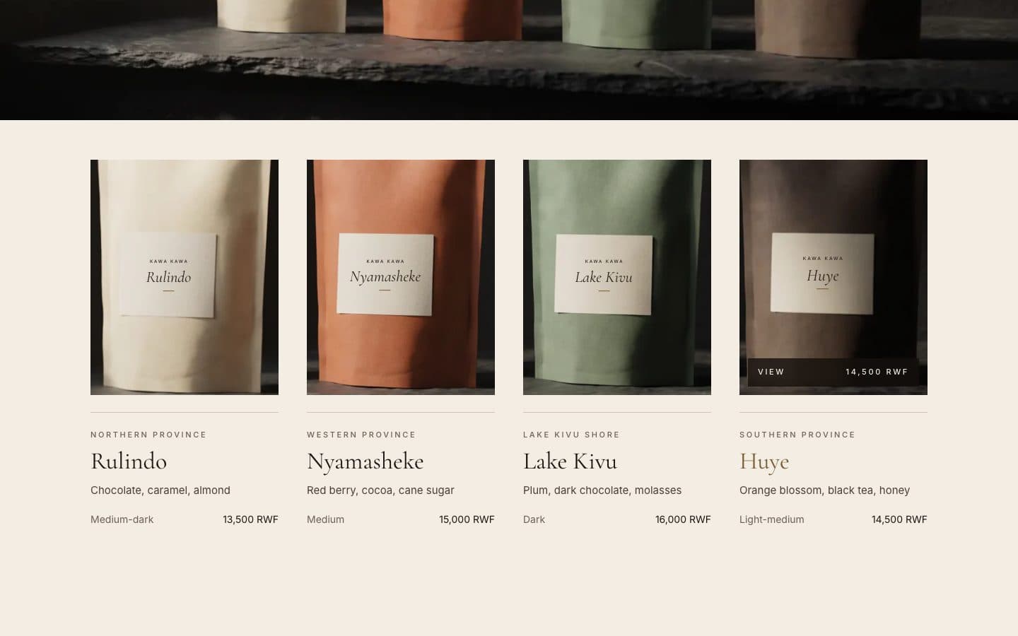 Kawa Kawa coffee cards with Huye hovered