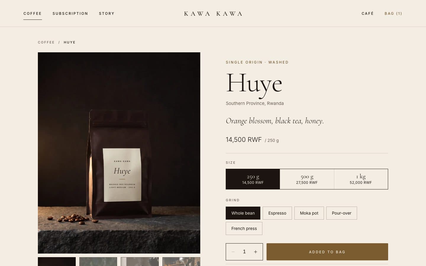 Kawa Kawa Huye product page after adding to the bag
