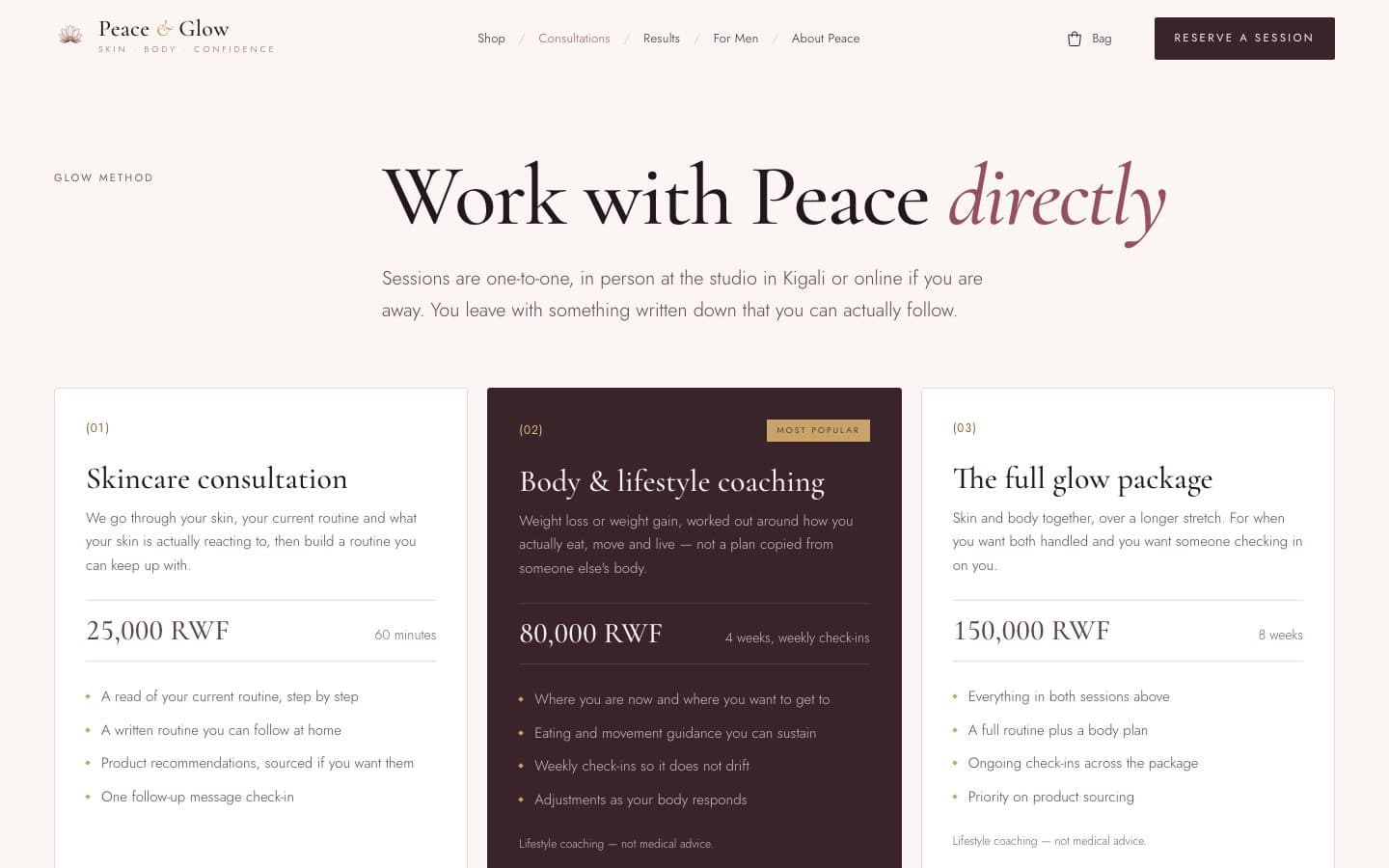 Peace & Glow session packages, each reserved online and confirmed by Peace