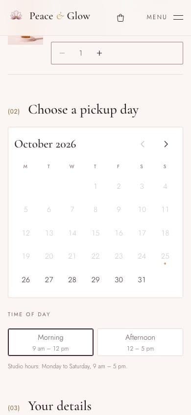 Peace & Glow pickup-day calendar with morning and afternoon windows on a phone